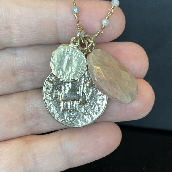 Serefina Anthropologie Charm Necklace Gold Tone Pressed Coin Faceted Stone 32”L - Picture 4 of 7